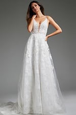 Back of Jovani JB07147 ivory gown with low V cut.
