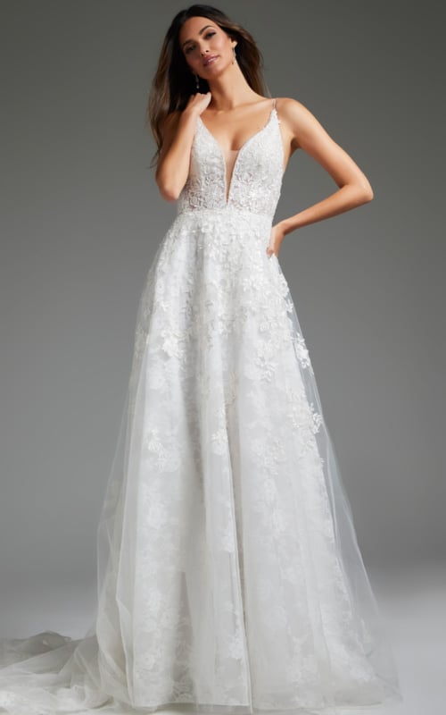 Back of Jovani JB07147 ivory gown with low V cut.