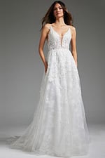 Ivory Jovani JB07147 gown front view with deep V-neck.