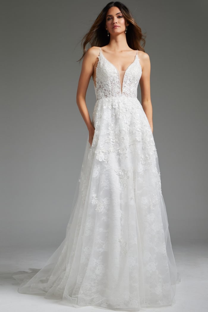 Ivory Jovani JB07147 gown front view with deep V-neck.
