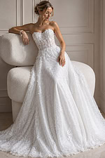 ivory textured lace strapless A-line wedding dress with sweetheart neckline and sheer corset bodice, front view, Jovani Bridal style JB07165