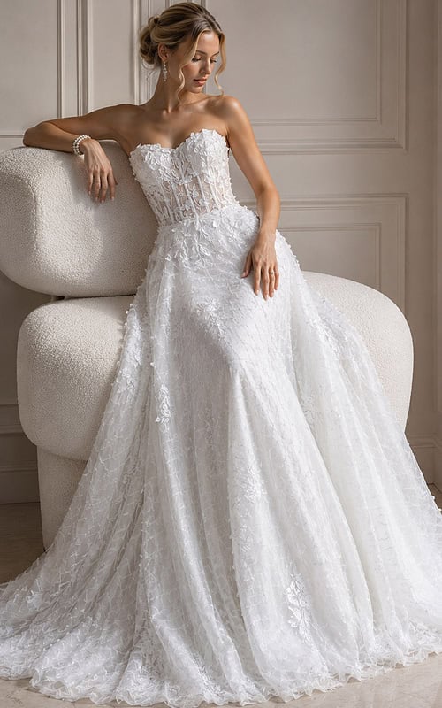 ivory textured lace strapless A-line wedding dress with sweetheart neckline and sheer corset bodice, front view, Jovani Bridal style JB07165