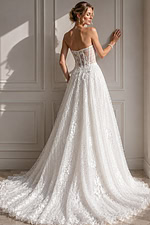 ivory textured lace strapless A-line wedding dress with sweetheart neckline and sheer corset bodice, front view, Jovani Bridal style JB07165