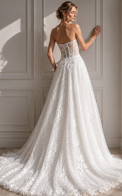 ivory textured lace strapless A-line wedding dress with sweetheart neckline and sheer corset bodice, front view, Jovani Bridal style JB07165