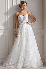 ivory textured lace strapless A-line wedding dress with sweetheart neckline and sheer corset bodice, front view, Jovani Bridal style JB07165
