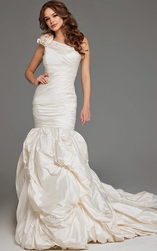 Model wearing Jovani 07179 white gown with one-shoulder neckline and mermaid silhouette, front view.