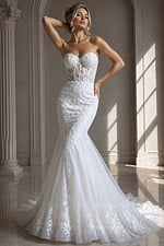 ivory floral lace fitted mermaid wedding dress with strapless sweetheart neckline and sheer corset bodice, front view, Jovani Bridal style JB07260