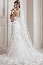 ivory floral lace fitted mermaid wedding dress with strapless sweetheart neckline and sheer corset bodice, front view, Jovani Bridal style JB07260