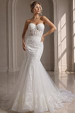 ivory floral lace fitted mermaid wedding dress with strapless sweetheart neckline and sheer corset bodice, front view, Jovani Bridal style JB07260