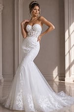 ivory floral lace fitted mermaid wedding dress with strapless sweetheart neckline and sheer corset bodice, front view, Jovani Bridal style JB07260