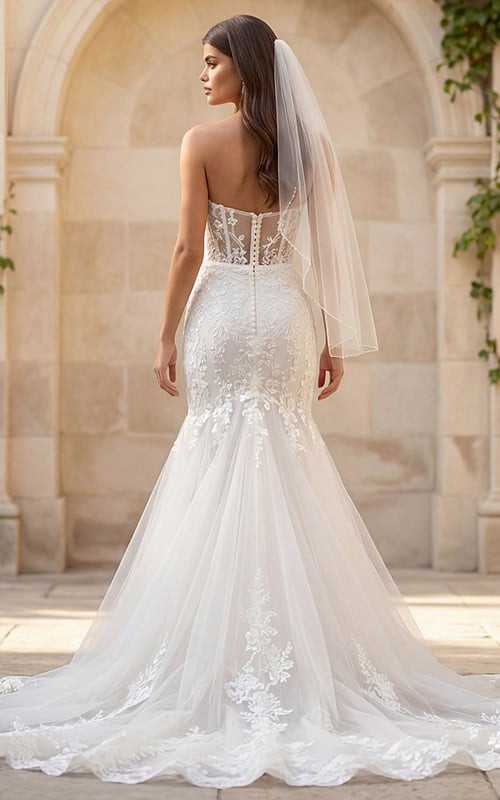 Back view of a strapless lace mermaid gown with sheer back, button closure, and long tulle train.