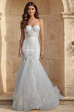 Strapless lace gown with sheer corset bodice, floral embroidery, and soft mermaid tulle skirt.
