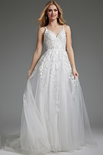 Model wearing Jovani JB07311 ivory dress with V-neckline and floral appliques, front view.