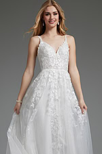 Model in Jovani JB07311 ivory gown with A-line silhouette and floral details, front view.