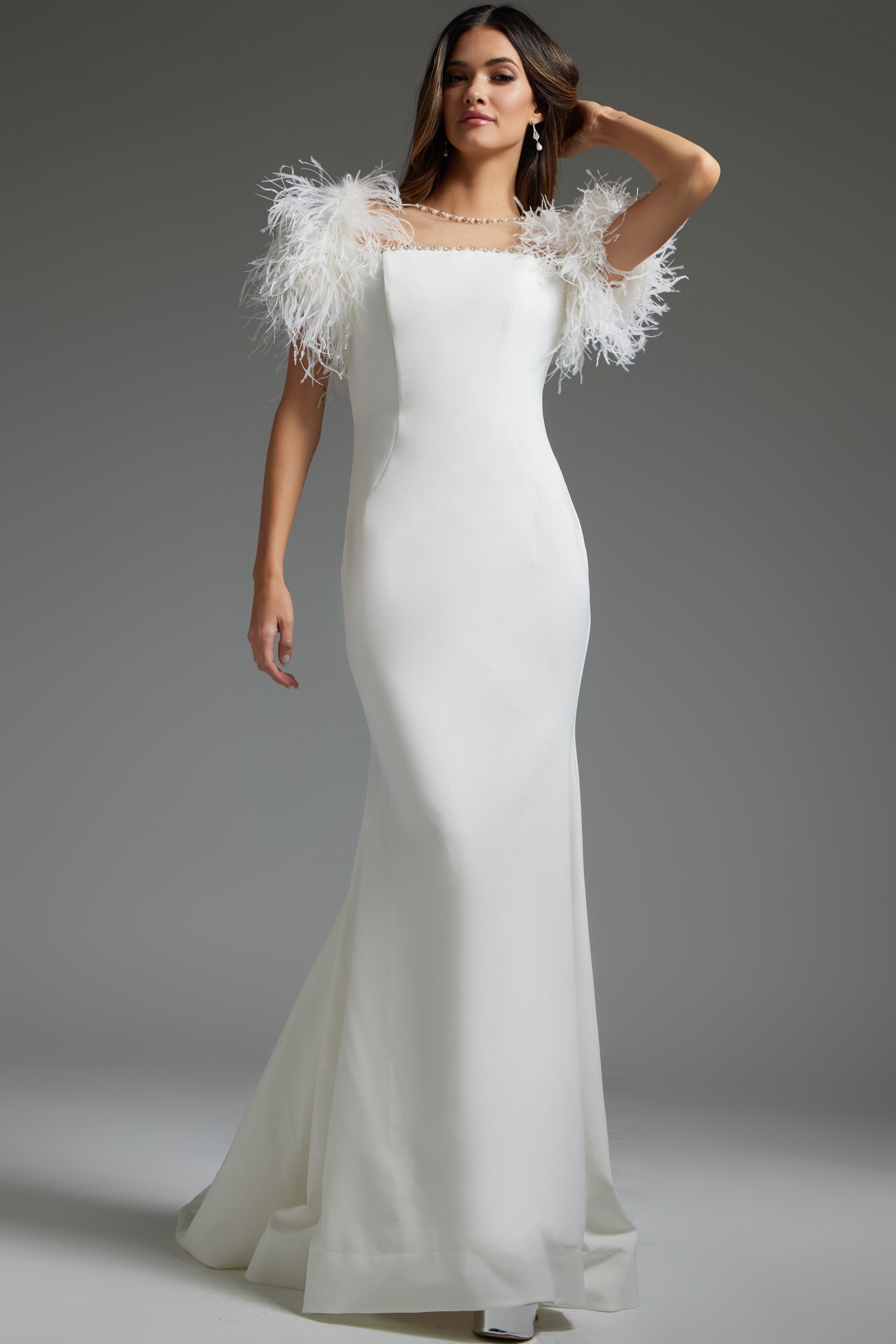 JB07433-WHITE-205.jpg model wearing Jovani JB07433 elegant white gown with feathered sleeves front view