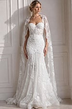 ivory 3D floral lace fitted mermaid wedding dress with sweetheart neckline and sheer lace cape sleeves, front view, Jovani Bridal style JB07583