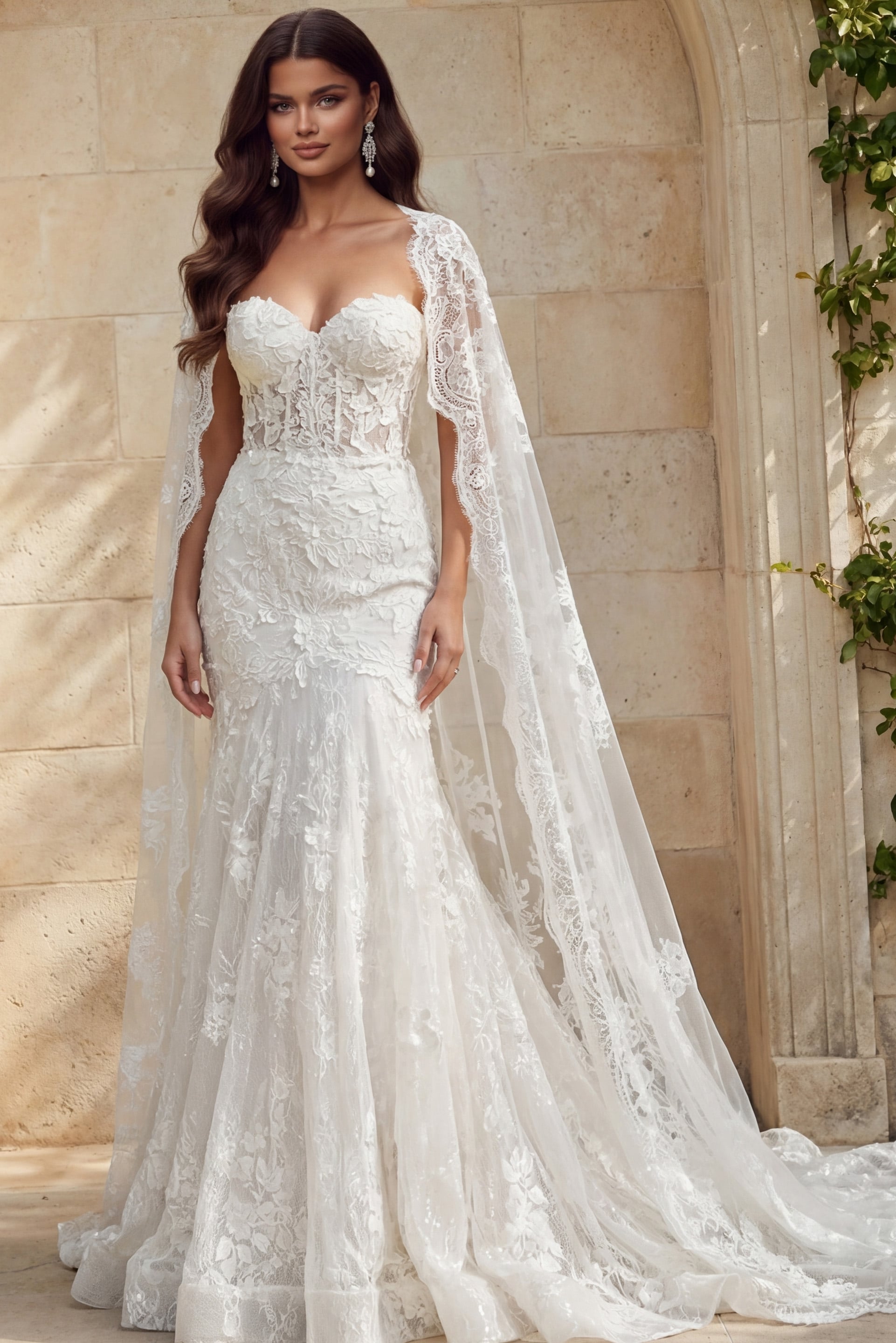 JB07583-1 Lace mermaid gown with sweetheart bodice and detachable sheer cape sleeves with embroidered edging.