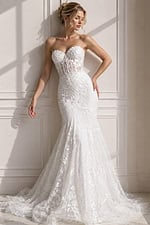 ivory 3D floral lace fitted mermaid wedding dress with sweetheart neckline and sheer lace cape sleeves, front view, Jovani Bridal style JB07583