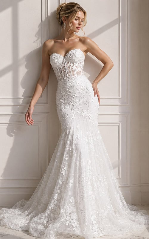 ivory 3D floral lace fitted mermaid wedding dress with sweetheart neckline and sheer lace cape sleeves, front view, Jovani Bridal style JB07583