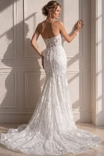 ivory 3D floral lace fitted mermaid wedding dress with sweetheart neckline and sheer lace cape sleeves, front view, Jovani Bridal style JB07583