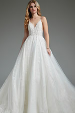 Model wearing Jovani JB07647 ivory dress with V-neckline and A-line silhouette.
