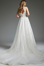 Back view of Jovani JB07647 ivory gown, highlighting elegant lace design.
