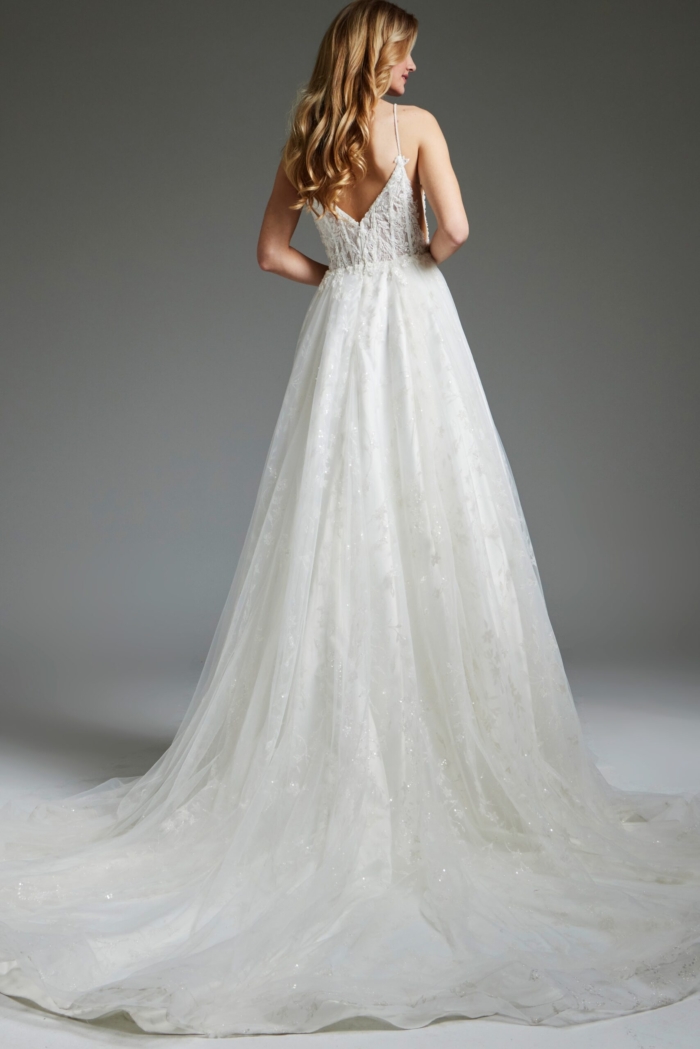 Back view of Jovani JB07647 ivory gown, highlighting elegant lace design.