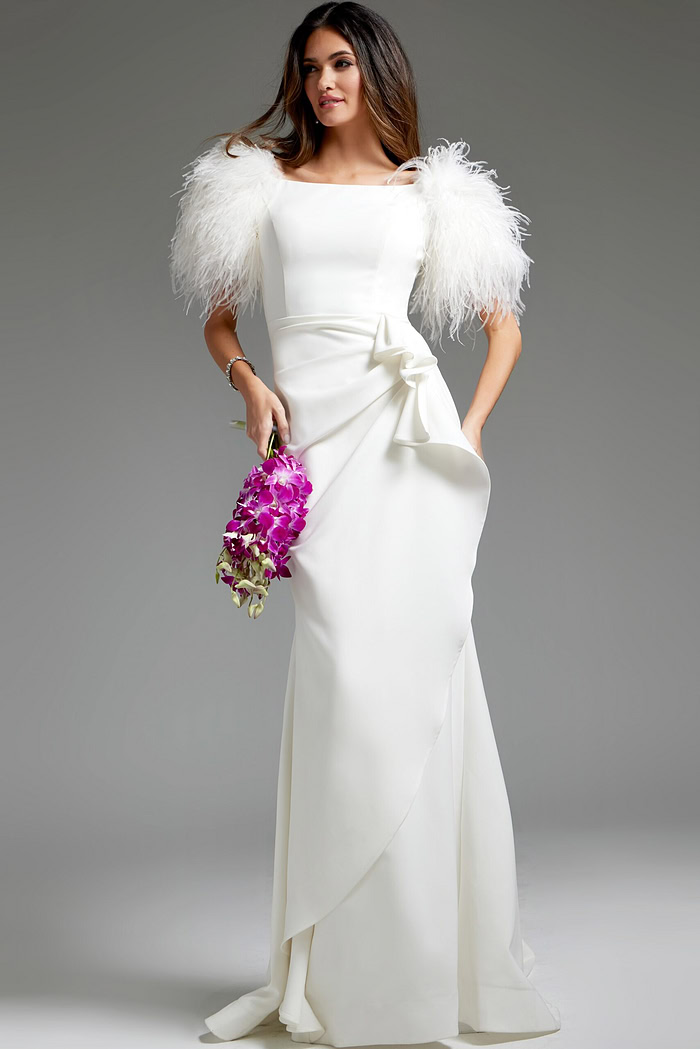 elegant off white dress Off White Feather Short Sleeve Bridal Gown JB09153