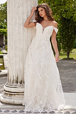 Model wearing Jovani JB220002 ivory lace dress front view