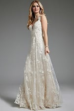 Side view of model in Jovani JB220002 ivory floral lace dress