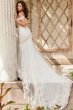 Close-up of Jovani JB220003 ivory gown with lace detail and short sleeves.