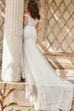 Back view of Jovani JB220003 ivory gown showing tulle train and lace accents.