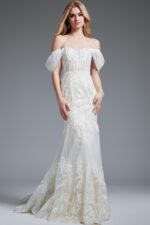 Model wearing Jovani JB220003 ivory gown with off-the-shoulder neckline, full length.