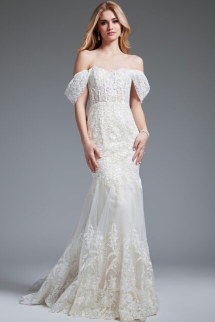 Model wearing Jovani JB220003 ivory gown with off-the-shoulder neckline, full length.