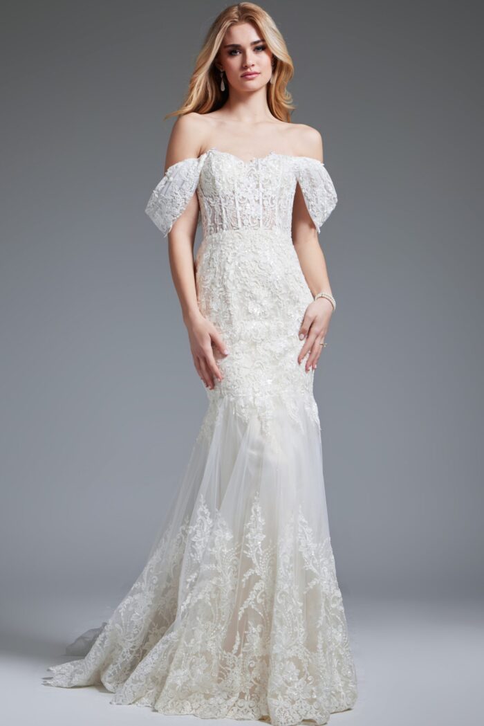 Model wearing Jovani JB220003 ivory gown with off-the-shoulder neckline, full length.
