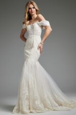 Full length view of Jovani JB220003 ivory gown with off-the-shoulder design.