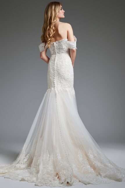 Back view of Jovani JB220003 ivory gown with off-the-shoulder neckline and lace details.