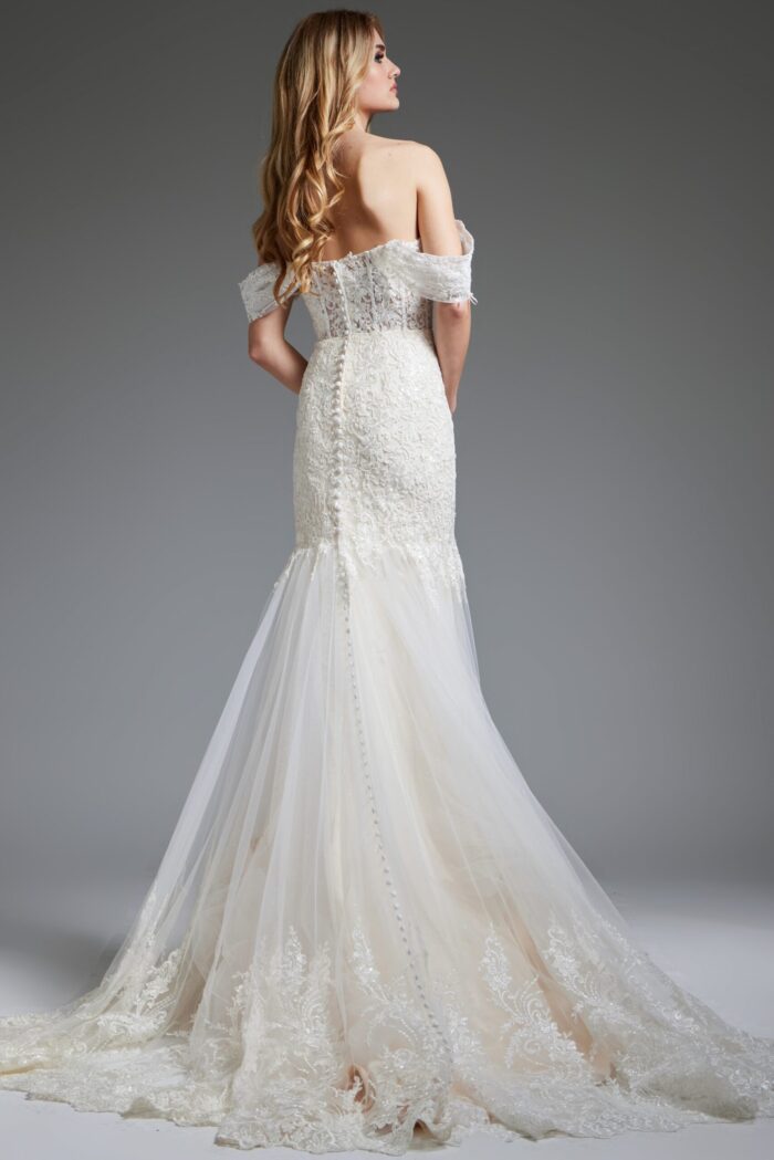Back view of Jovani JB220003 ivory gown with off-the-shoulder neckline and lace details.
