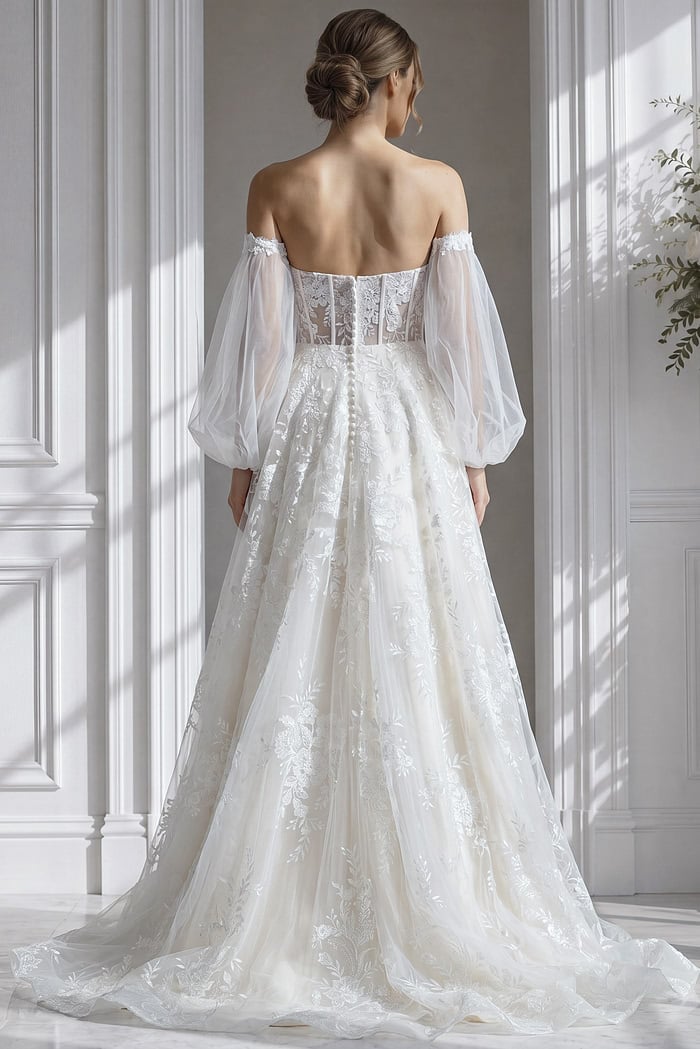 Romantic off-the-shoulder wedding gown with floral lace embroidery and semi-sheer structured bodice