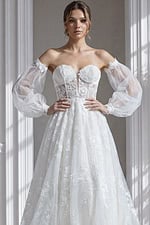 Off-shoulder fitted lace bridal dress with floral appliqué corset and flowing tulle skirt