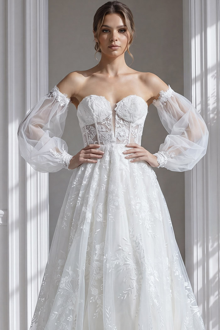 Off-shoulder fitted lace bridal dress with floral appliqué corset and flowing tulle skirt