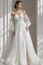 Off-the-shoulder 3D floral lace mermaid wedding gown with illusion bodice and sheer detailing
