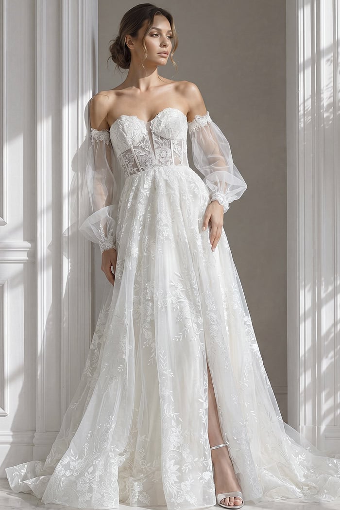 Off-the-shoulder 3D floral lace mermaid wedding gown with illusion bodice and sheer detailing