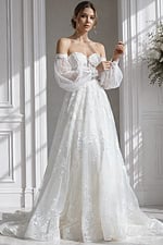 Off-shoulder floral appliqué mermaid bridal gown with soft tulle train and fitted silhouette
