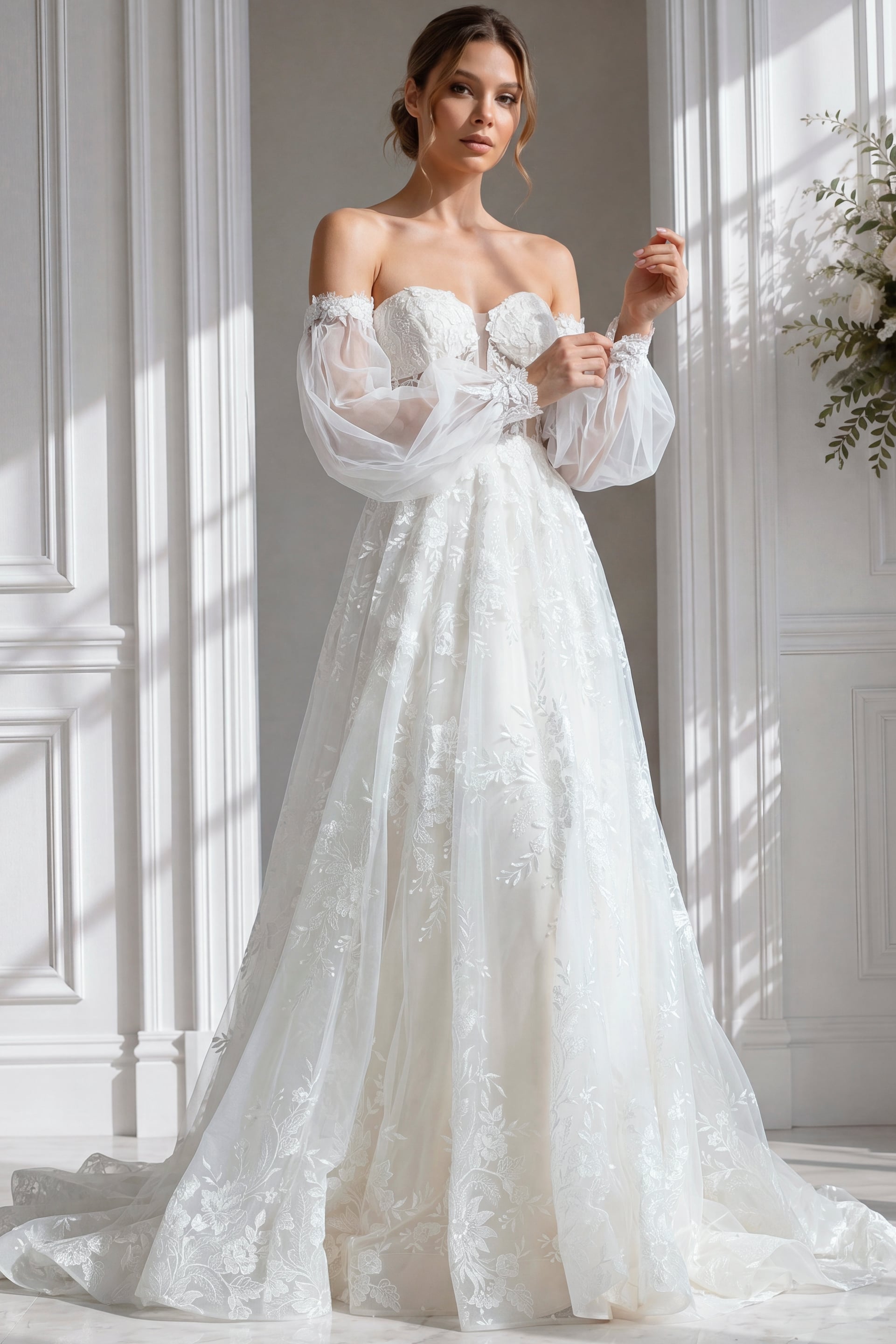 JB220004-27 Off-shoulder floral appliqué mermaid bridal gown with soft tulle train and fitted silhouette