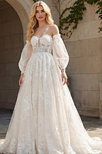 Off shoulder lace bridal gown with sheer puff sleeves