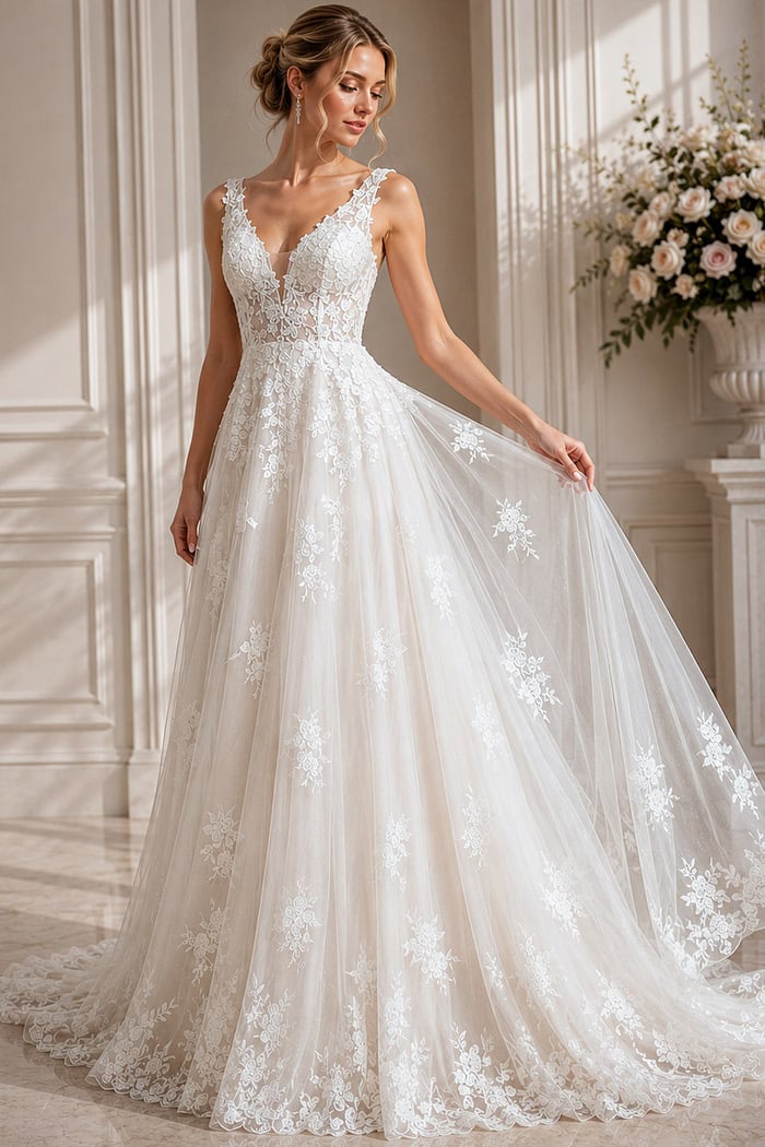 Feminine Lace Appliqué Ballgown Silhouette