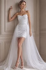 ivory beaded strapless short wedding dress with sweetheart neckline and detachable tulle overskirt, front view, Jovani Bridal style JB22274