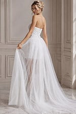 ivory beaded strapless short wedding dress with sweetheart neckline and detachable tulle overskirt, front view, Jovani Bridal style JB22274