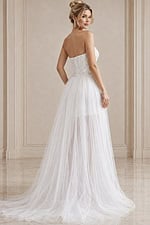 ivory beaded strapless short wedding dress with sweetheart neckline and detachable tulle overskirt, front view, Jovani Bridal style JB22274